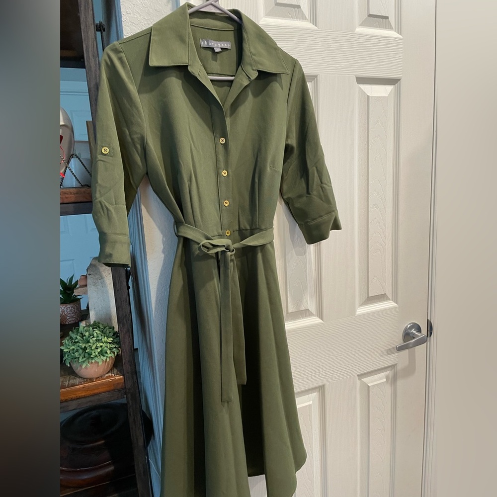 Sharagano Army green button up roll tab sleeve Fit & Flare belted Dress military